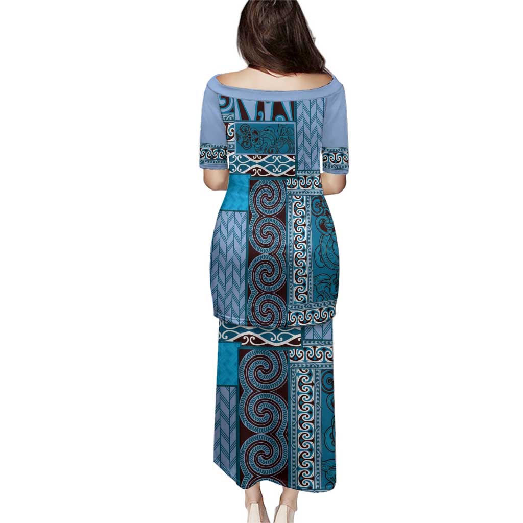 Blue Aotearoa Kowhaiwhai Pattern Family Matching Puletasi and Hawaiian Shirt NZ Maori Quilt Style