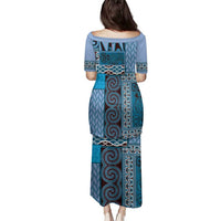 Blue Aotearoa Kowhaiwhai Pattern Family Matching Puletasi and Hawaiian Shirt NZ Maori Quilt Style