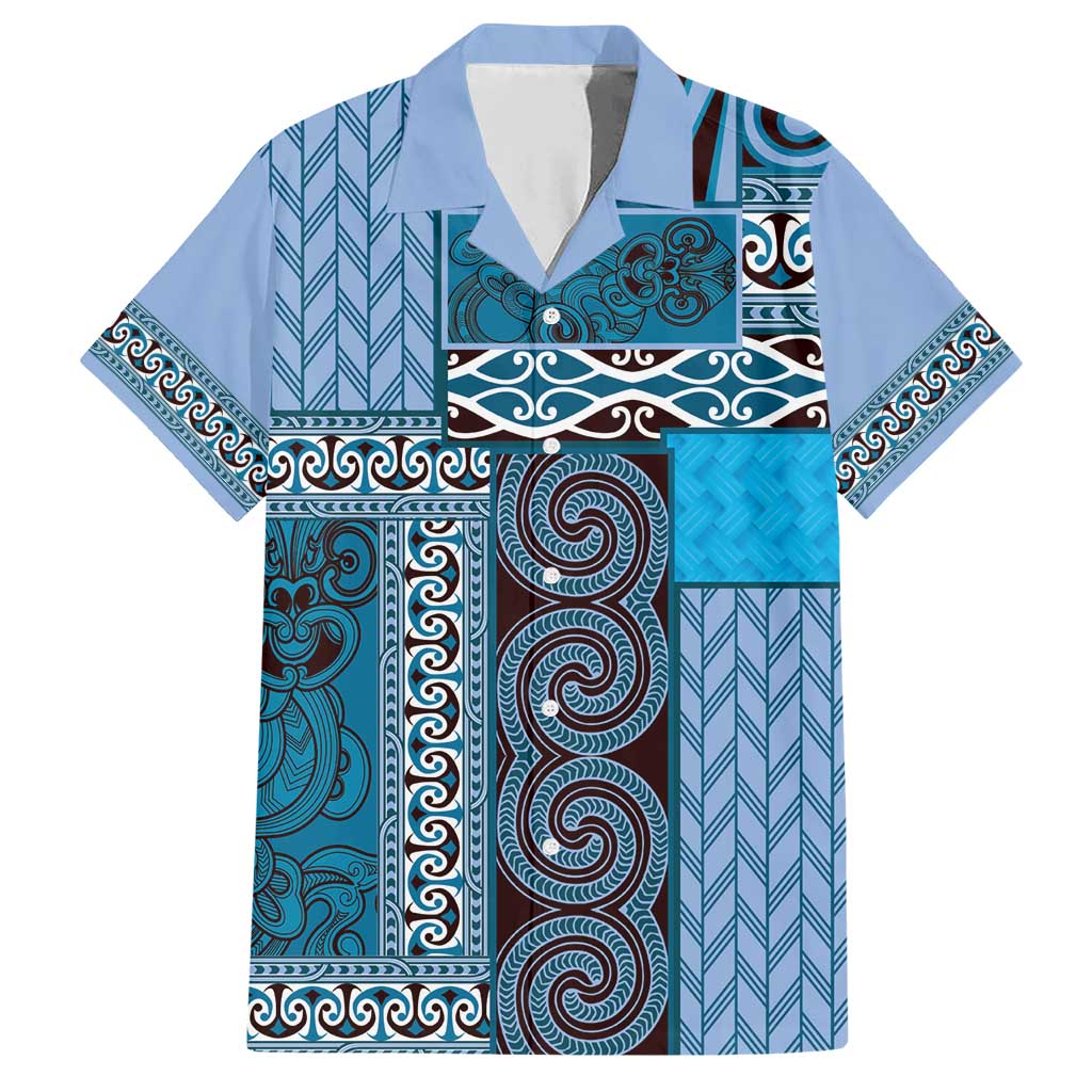 Blue Aotearoa Kowhaiwhai Pattern Family Matching Short Sleeve Bodycon Dress and Hawaiian Shirt NZ Maori Quilt Style LT14 Dad's Shirt - Short Sleeve Blue - Polynesian Pride