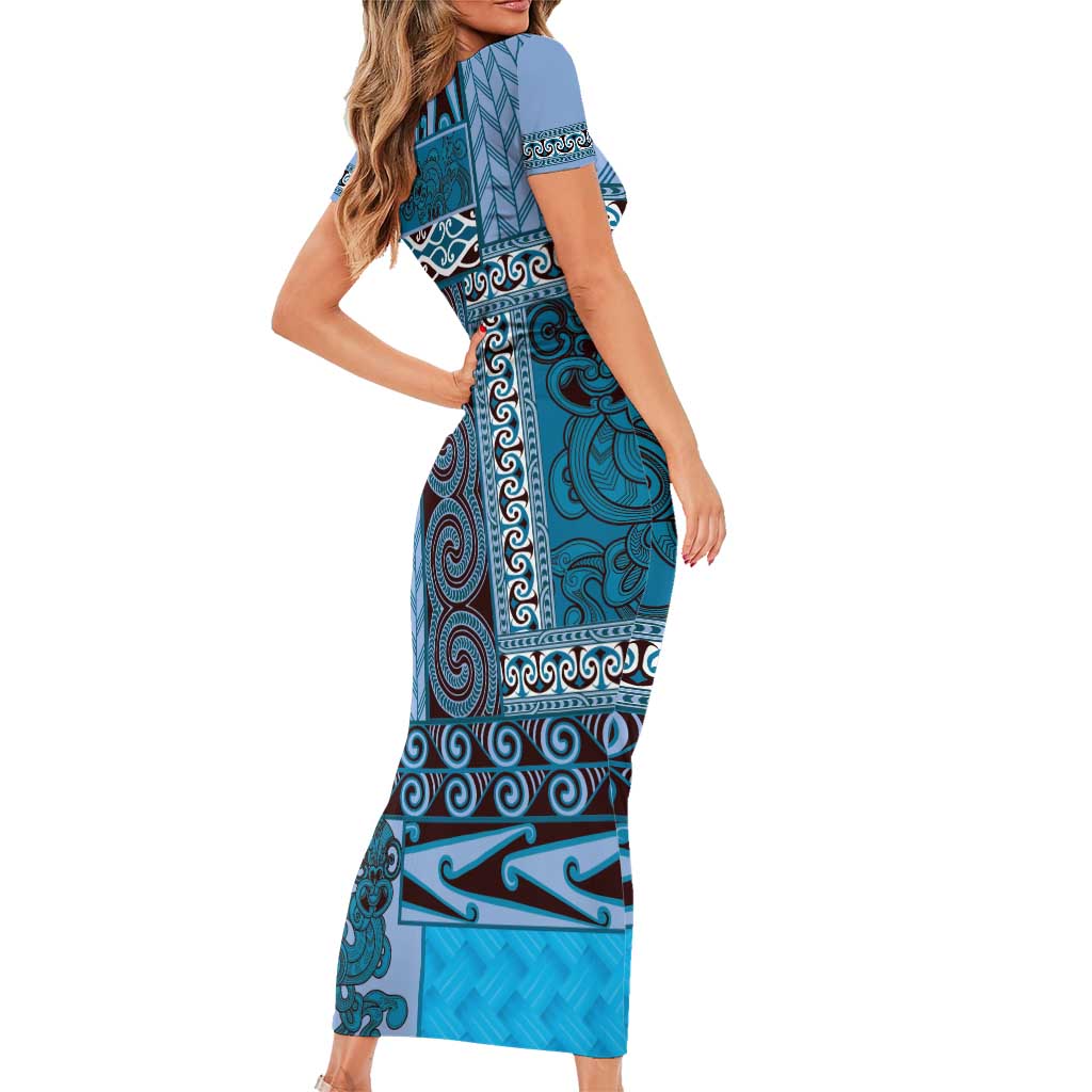 Blue Aotearoa Kowhaiwhai Pattern Family Matching Short Sleeve Bodycon Dress and Hawaiian Shirt NZ Maori Quilt Style LT14 - Polynesian Pride