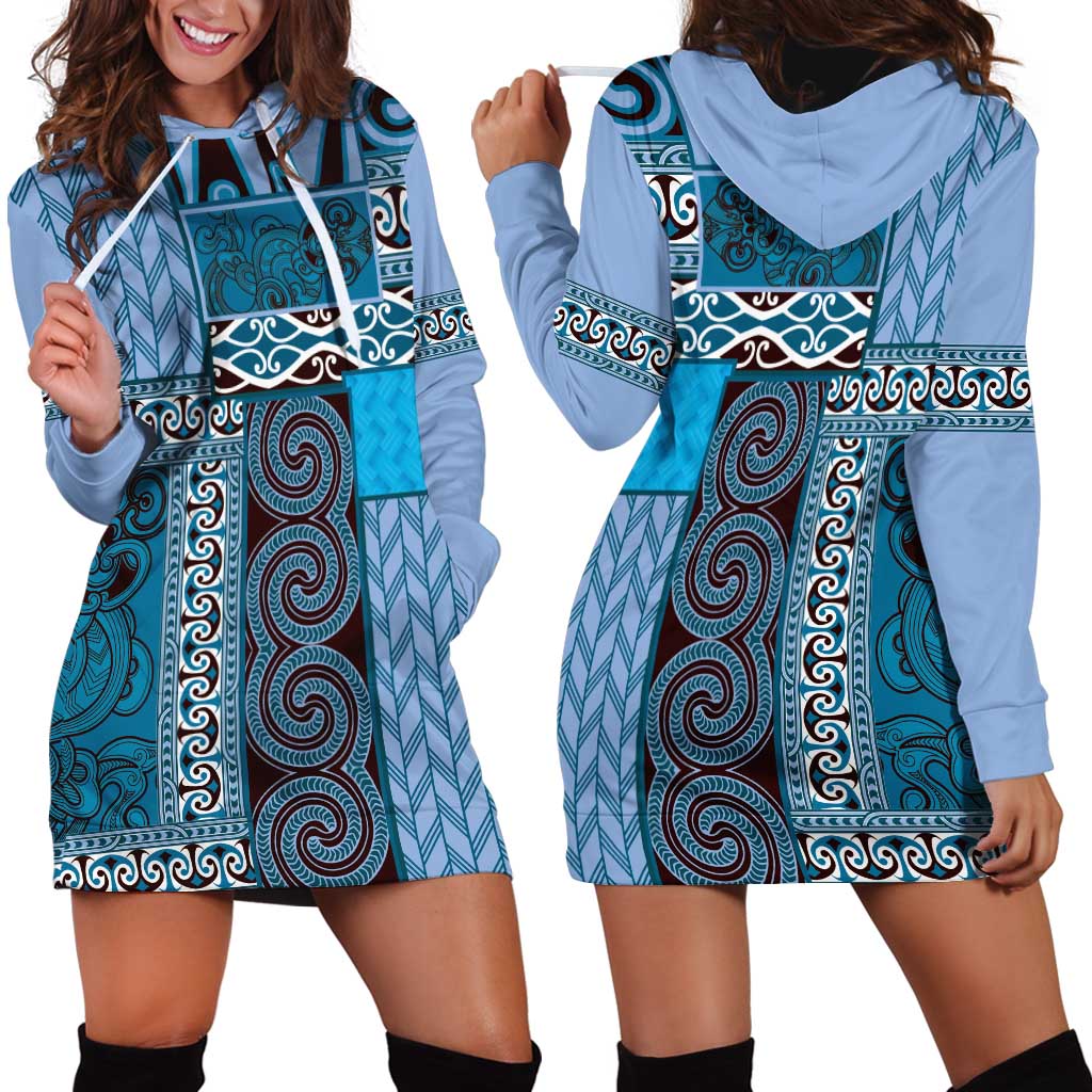 Blue Aotearoa Kowhaiwhai Pattern Hoodie Dress NZ Maori Quilt Style