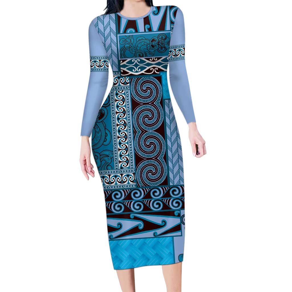 Blue Aotearoa Kowhaiwhai Pattern Long Sleeve Bodycon Dress NZ Maori Quilt Style LT14 Long Dress Blue - Polynesian Pride