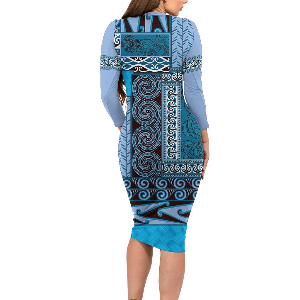 Blue Aotearoa Kowhaiwhai Pattern Long Sleeve Bodycon Dress NZ Maori Quilt Style LT14 - Polynesian Pride
