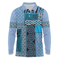 Blue Aotearoa Kowhaiwhai Pattern Long Sleeve Polo Shirt NZ Maori Quilt Style