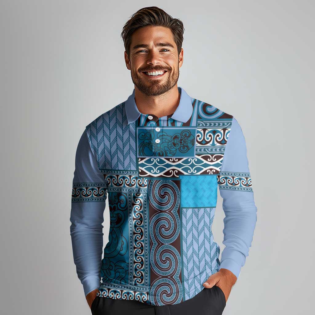 Blue Aotearoa Kowhaiwhai Pattern Long Sleeve Polo Shirt NZ Maori Quilt Style