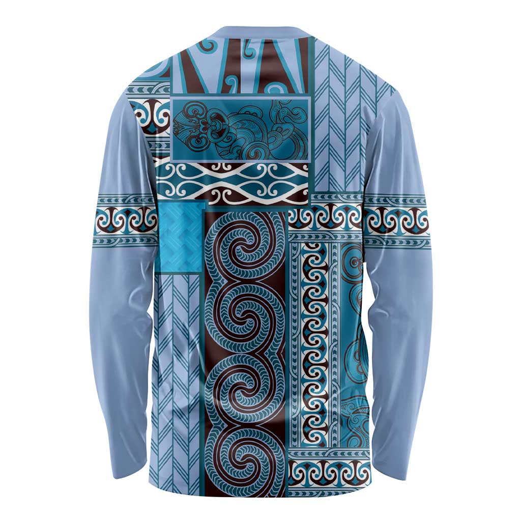 Blue Aotearoa Kowhaiwhai Pattern Long Sleeve Shirt NZ Maori Quilt Style LT14 - Polynesian Pride