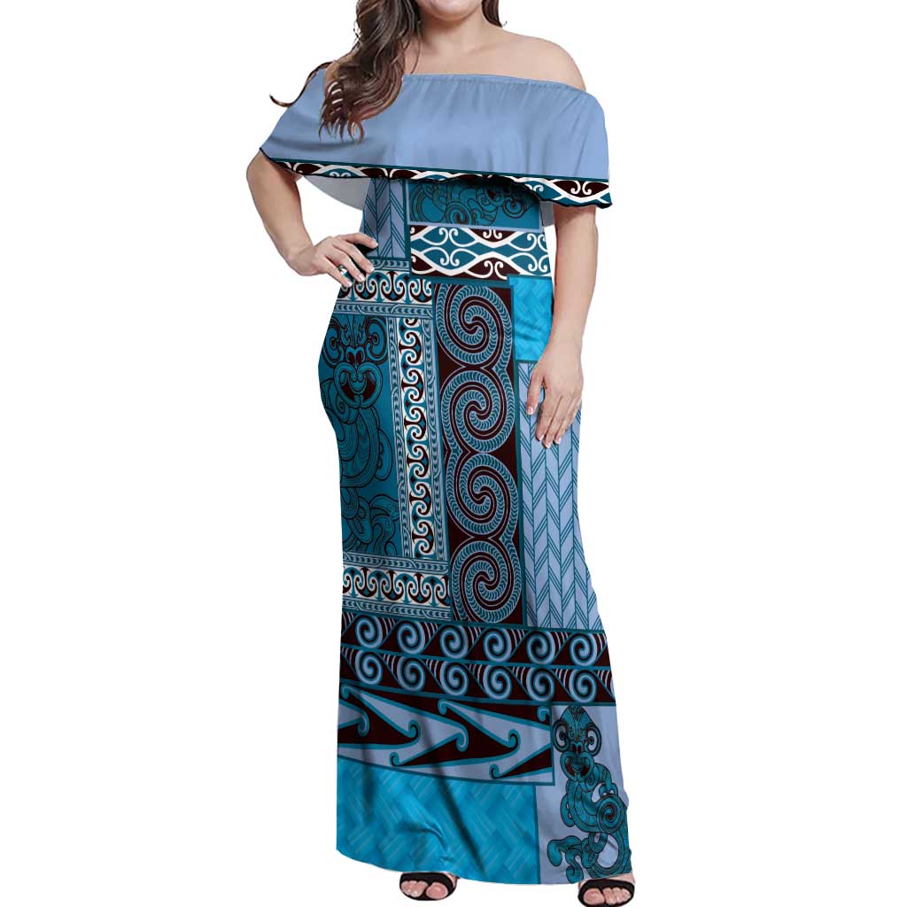 Blue Aotearoa Kowhaiwhai Pattern Off Shoulder Maxi Dress NZ Maori Quilt Style LT14 Women Blue - Polynesian Pride