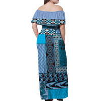 Blue Aotearoa Kowhaiwhai Pattern Off Shoulder Maxi Dress NZ Maori Quilt Style LT14 - Polynesian Pride
