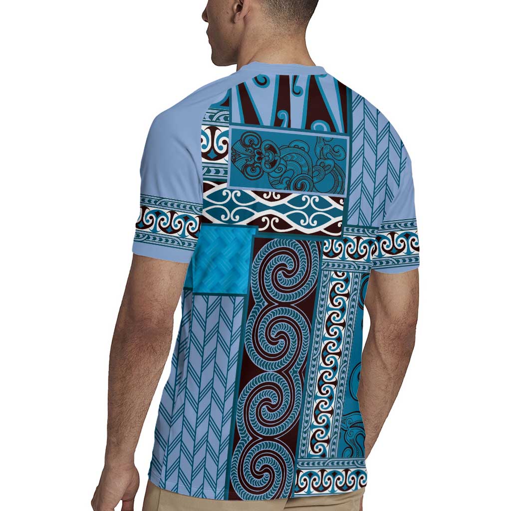 Blue Aotearoa Kowhaiwhai Pattern Rugby Jersey NZ Maori Quilt Style
