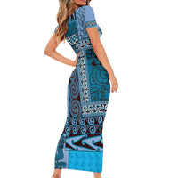 Blue Aotearoa Kowhaiwhai Pattern Short Sleeve Bodycon Dress NZ Maori Quilt Style LT14 - Polynesian Pride