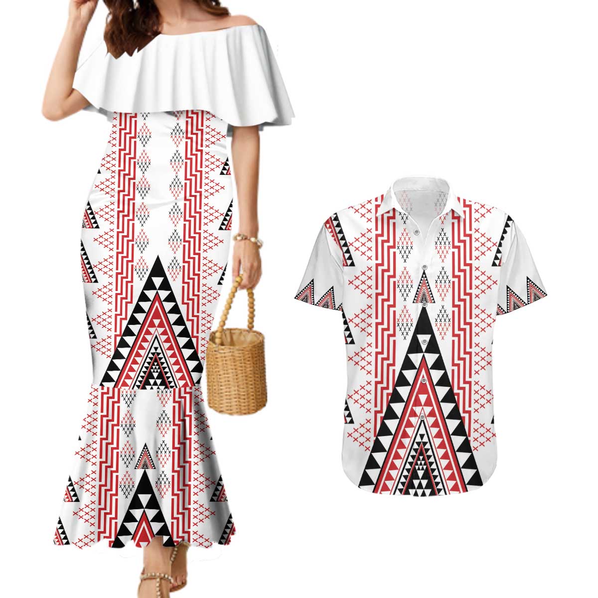 Aotearoa Taniko Couples Matching Mermaid Dress and Hawaiian Shirt Niho Taniwha Purapura Whetu Mix Poutama