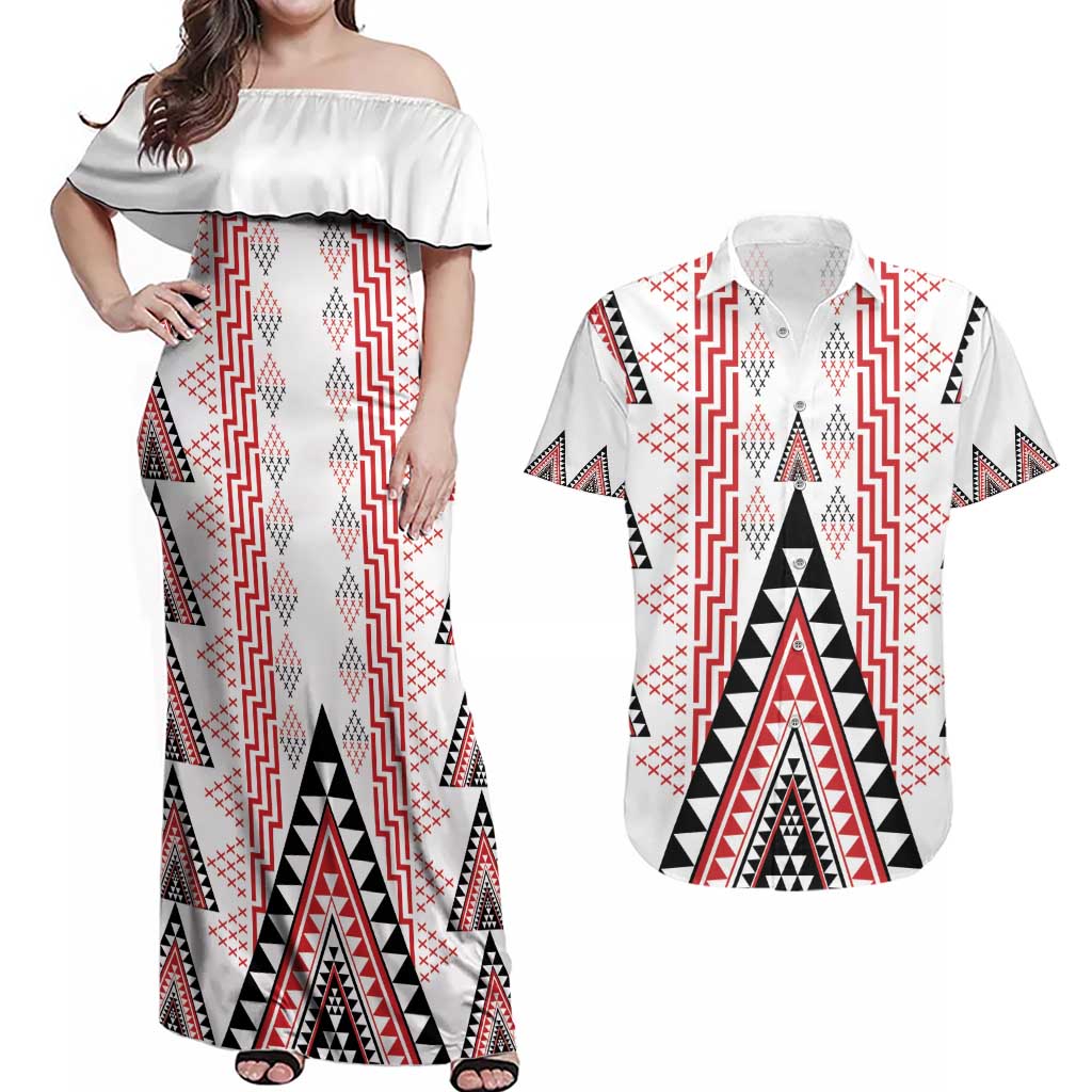 Aotearoa Taniko Couples Matching Off Shoulder Maxi Dress and Hawaiian Shirt Niho Taniwha Purapura Whetu Mix Poutama