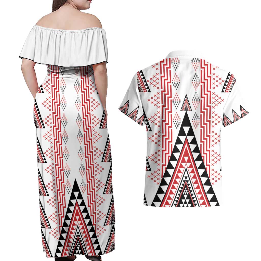 Aotearoa Taniko Couples Matching Off Shoulder Maxi Dress and Hawaiian Shirt Niho Taniwha Purapura Whetu Mix Poutama