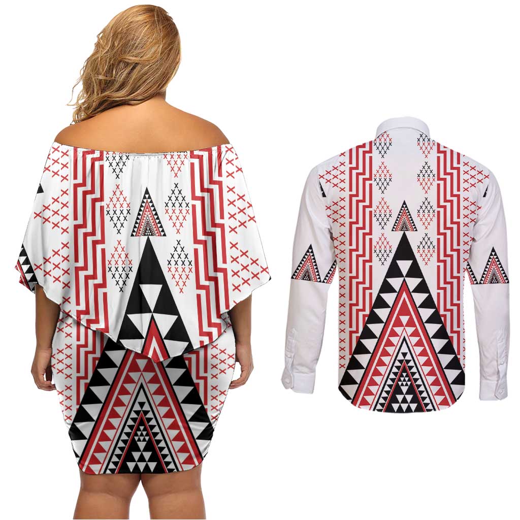Aotearoa Taniko Couples Matching Off Shoulder Short Dress and Long Sleeve Button Shirt Niho Taniwha Purapura Whetu Mix Poutama