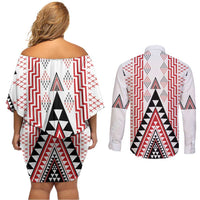 Aotearoa Taniko Couples Matching Off Shoulder Short Dress and Long Sleeve Button Shirt Niho Taniwha Purapura Whetu Mix Poutama