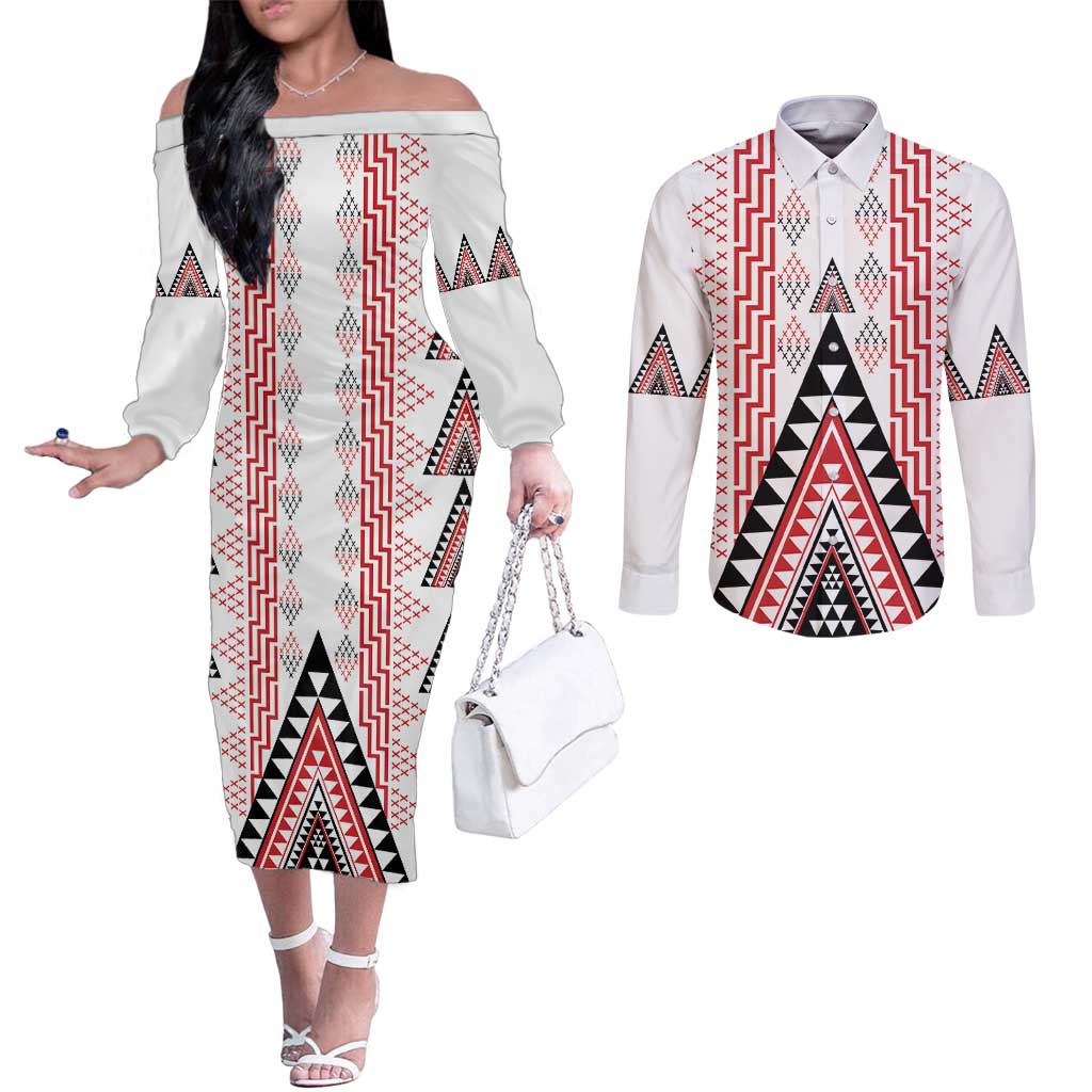 Aotearoa Taniko Couples Matching Off The Shoulder Long Sleeve Dress and Long Sleeve Button Shirt Niho Taniwha Purapura Whetu Mix Poutama LT14 White - Polynesian Pride