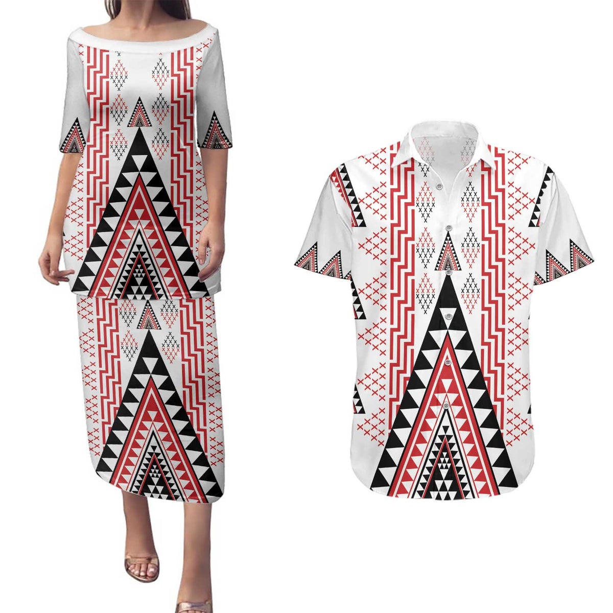 Aotearoa Taniko Couples Matching Puletasi and Hawaiian Shirt Niho Taniwha Purapura Whetu Mix Poutama