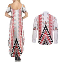 Aotearoa Taniko Couples Matching Summer Maxi Dress and Long Sleeve Button Shirt Niho Taniwha Purapura Whetu Mix Poutama