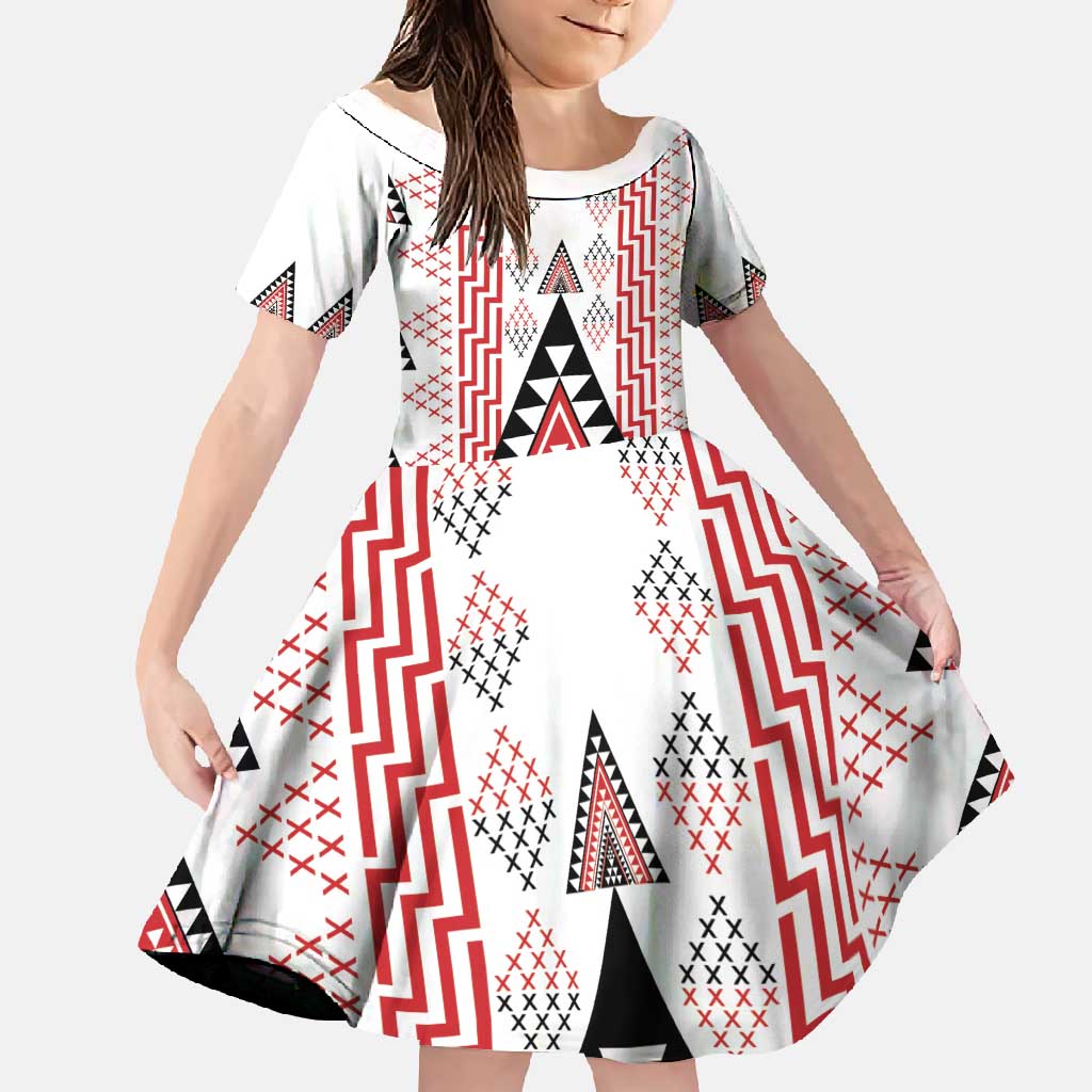 Aotearoa Taniko Family Matching Mermaid Dress and Hawaiian Shirt Niho Taniwha Purapura Whetu Mix Poutama LT14 Daughter's Dress White - Polynesian Pride