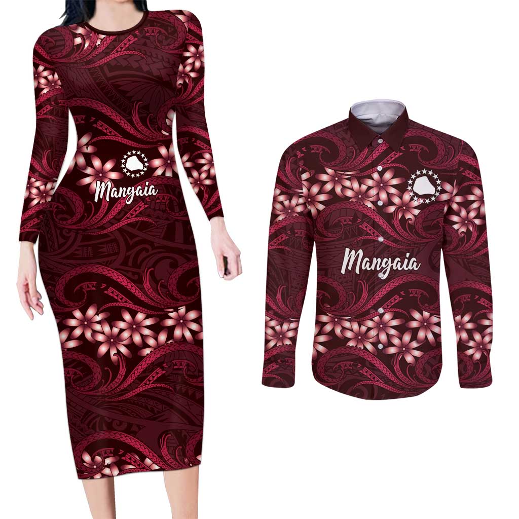 Personalised Cook Islands Mangaia Couples Matching Long Sleeve Bodycon Dress and Long Sleeve Button Shirt Tiare Maori Polynesian Waves Tattoo LT14 Burgundy - Polynesian Pride