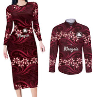 Personalised Cook Islands Mangaia Couples Matching Long Sleeve Bodycon Dress and Long Sleeve Button Shirt Tiare Maori Polynesian Waves Tattoo LT14 Burgundy - Polynesian Pride