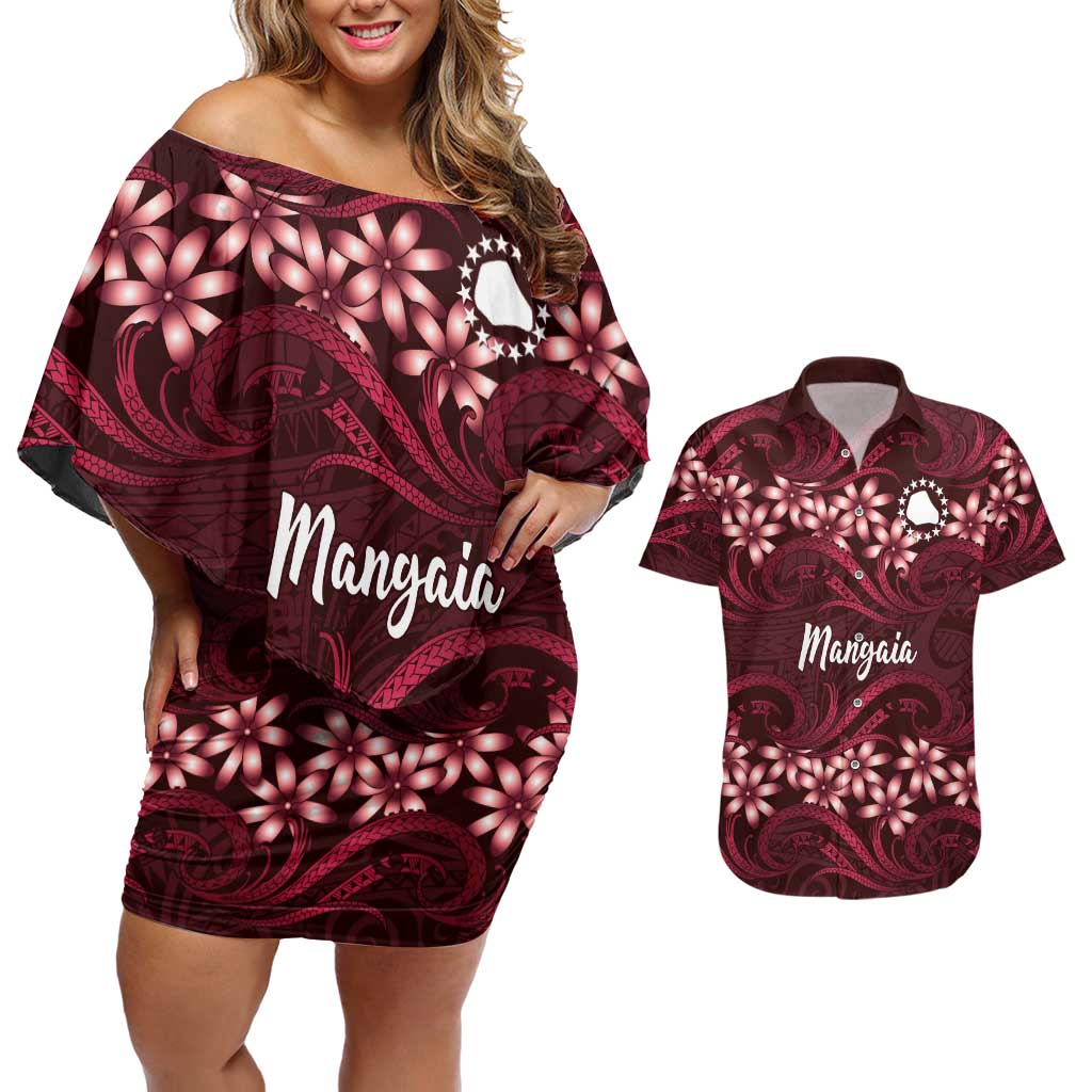 Personalised Cook Islands Mangaia Couples Matching Off Shoulder Short Dress and Hawaiian Shirt Tiare Maori Polynesian Waves Tattoo LT14 Burgundy - Polynesian Pride