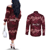 Personalised Cook Islands Mangaia Couples Matching Off The Shoulder Long Sleeve Dress and Long Sleeve Button Shirt Tiare Maori Polynesian Waves Tattoo LT14 - Polynesian Pride