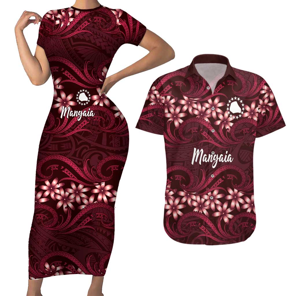 Personalised Cook Islands Mangaia Couples Matching Short Sleeve Bodycon Dress and Hawaiian Shirt Tiare Maori Polynesian Waves Tattoo LT14 Burgundy - Polynesian Pride