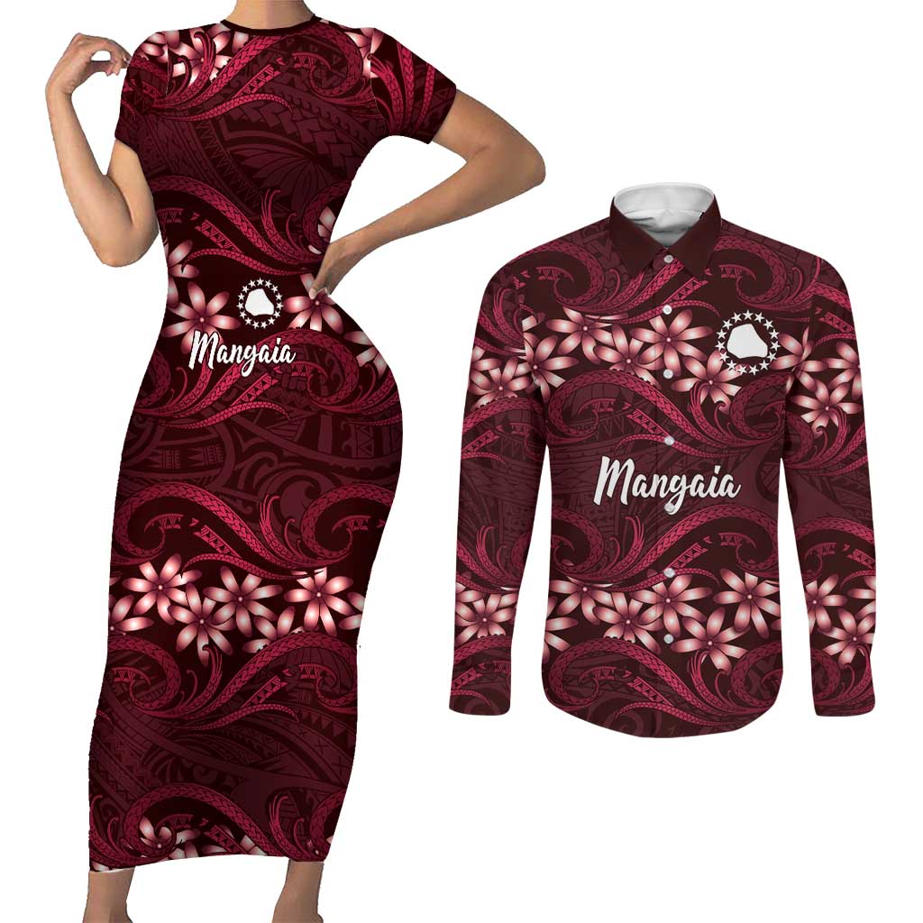 Personalised Cook Islands Mangaia Couples Matching Short Sleeve Bodycon Dress and Long Sleeve Button Shirt Tiare Maori Polynesian Waves Tattoo LT14 Burgundy - Polynesian Pride
