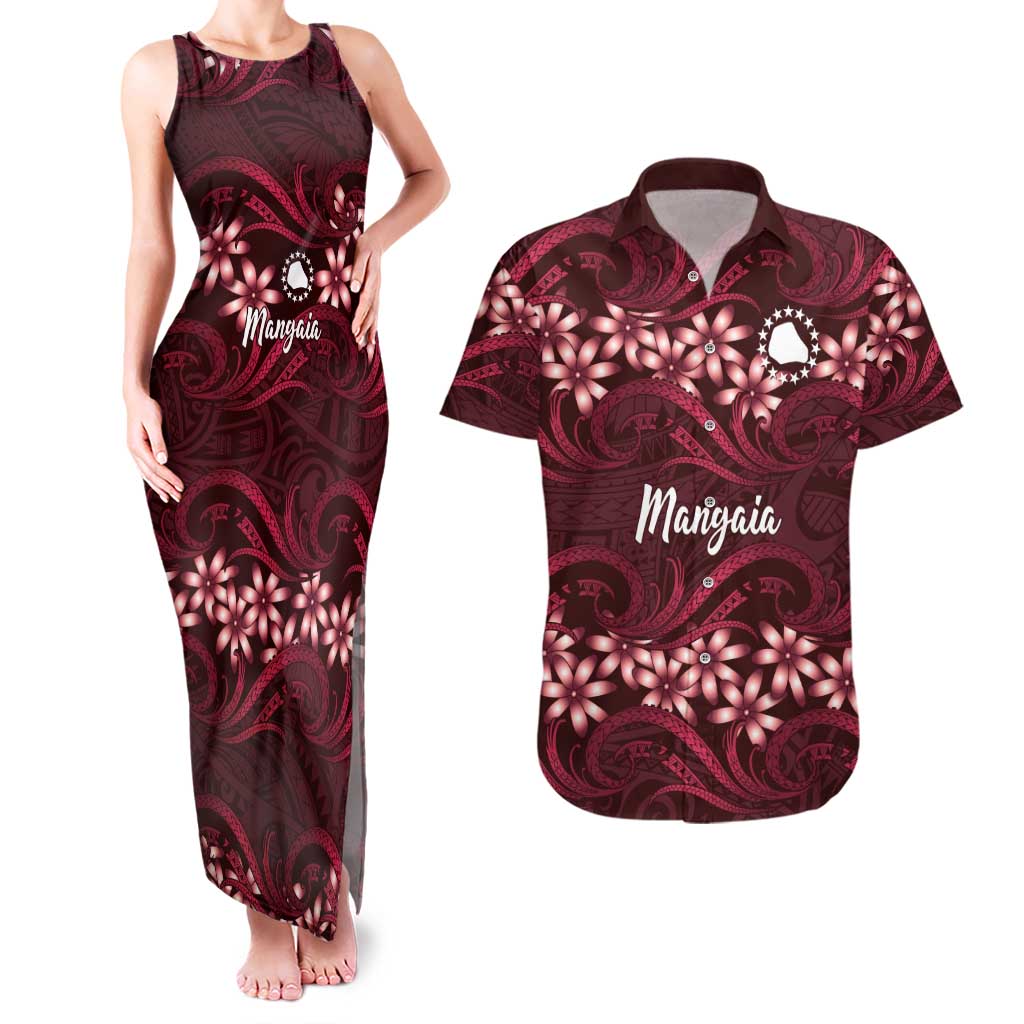 Personalised Cook Islands Mangaia Couples Matching Tank Maxi Dress and Hawaiian Shirt Tiare Maori Polynesian Waves Tattoo LT14 Burgundy - Polynesian Pride