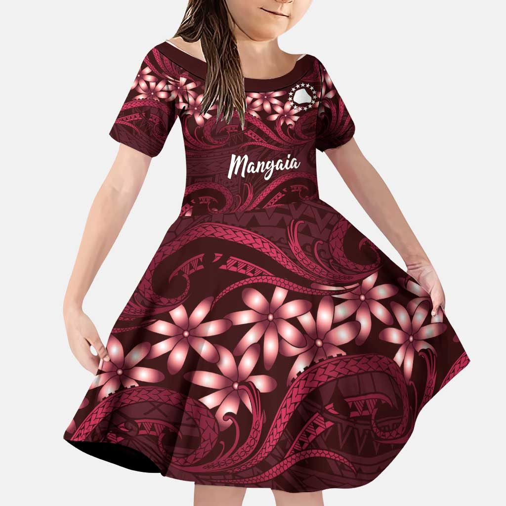 Personalised Cook Islands Mangaia Family Matching Long Sleeve Bodycon Dress and Hawaiian Shirt Tiare Maori Polynesian Waves Tattoo LT14 Daughter's Dress Burgundy - Polynesian Pride