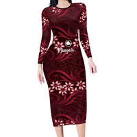 Personalised Cook Islands Mangaia Family Matching Long Sleeve Bodycon Dress and Hawaiian Shirt Tiare Maori Polynesian Waves Tattoo LT14 Mom's Dress Burgundy - Polynesian Pride