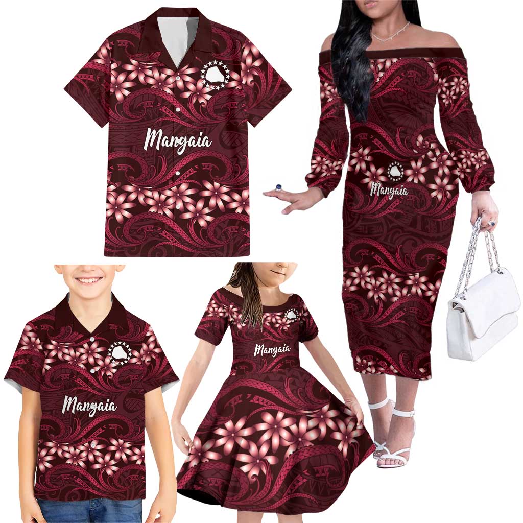 Personalised Cook Islands Mangaia Family Matching Off The Shoulder Long Sleeve Dress and Hawaiian Shirt Tiare Maori Polynesian Waves Tattoo LT14 - Polynesian Pride