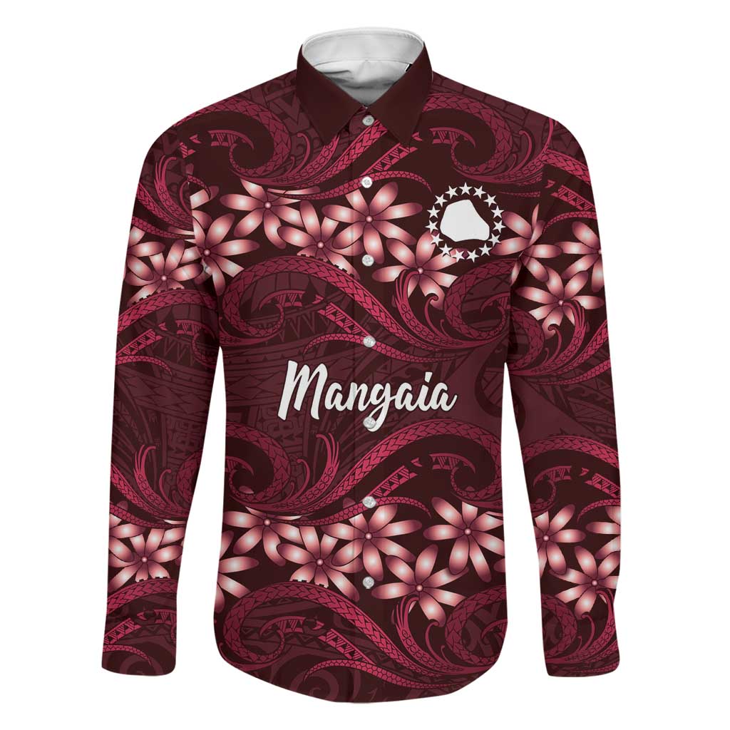 Personalised Cook Islands Mangaia Family Matching Off Shoulder Maxi Dress and Hawaiian Shirt Tiare Maori Polynesian Waves Tattoo LT14 Dad's Shirt - Long Sleeve Burgundy - Polynesian Pride