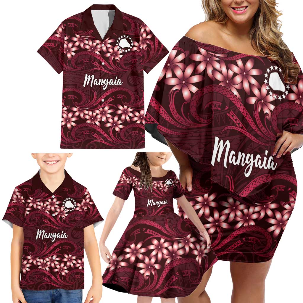 Personalised Cook Islands Mangaia Family Matching Off Shoulder Short Dress and Hawaiian Shirt Tiare Maori Polynesian Waves Tattoo LT14 - Polynesian Pride