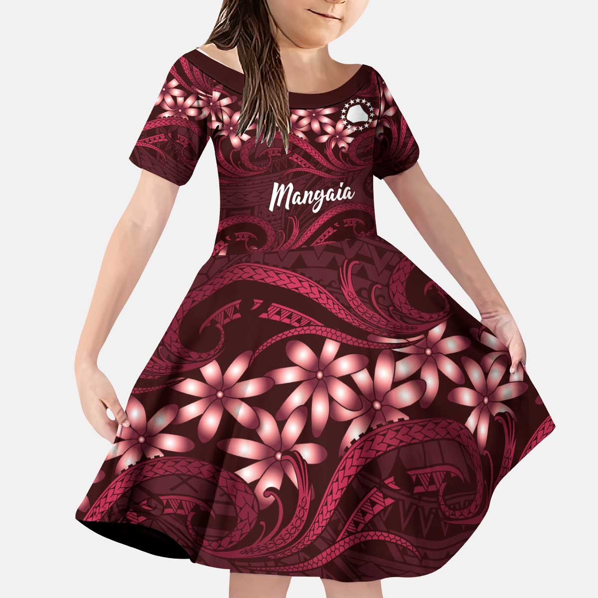 Personalised Cook Islands Mangaia Kid Short Sleeve Dress Tiare Maori Polynesian Waves Tattoo
