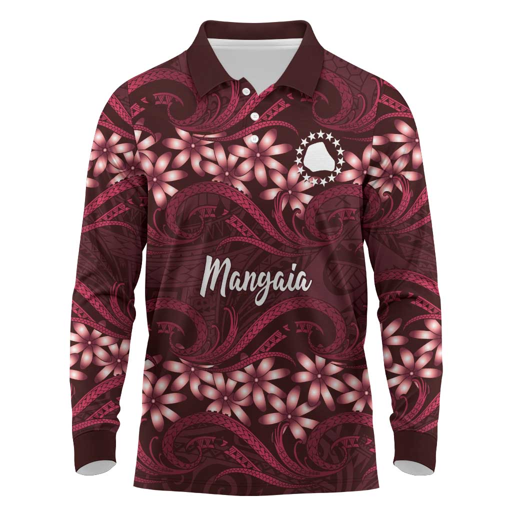 Personalised Cook Islands Mangaia Long Sleeve Polo Shirt Tiare Maori Polynesian Waves Tattoo