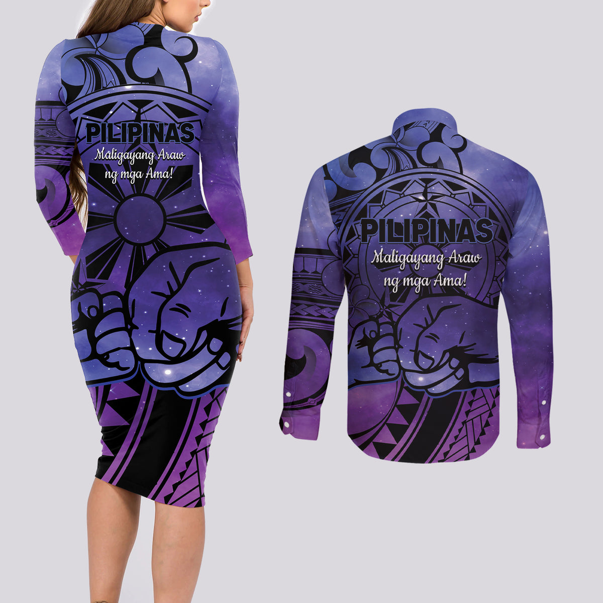 Philippines Father's Day Couples Matching Long Sleeve Bodycon Dress and Long Sleeve Button Shirt Polynesian Tattoo Galaxy Vibes
