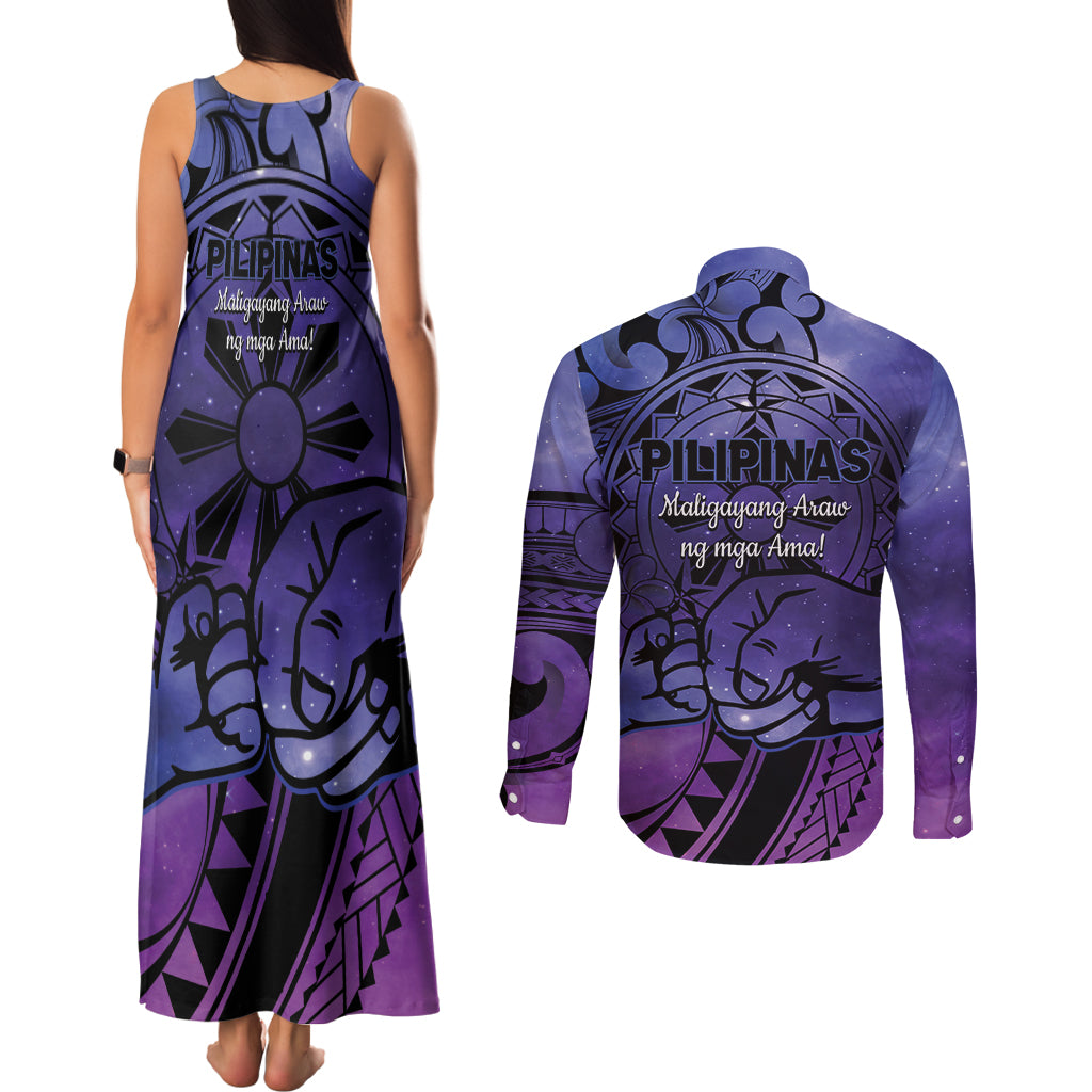 Philippines Father's Day Couples Matching Tank Maxi Dress and Long Sleeve Button Shirt Polynesian Tattoo Galaxy Vibes