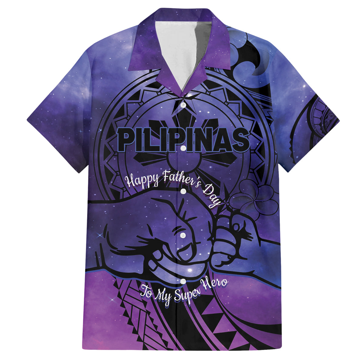 Philippines Father's Day Family Matching Off The Shoulder Long Sleeve Dress and Hawaiian Shirt Polynesian Tattoo Galaxy Vibes