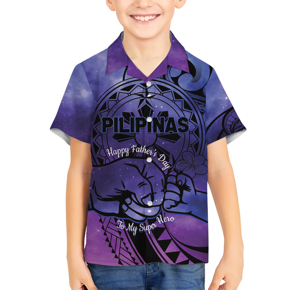 Philippines Father's Day Family Matching Off The Shoulder Long Sleeve Dress and Hawaiian Shirt Polynesian Tattoo Galaxy Vibes