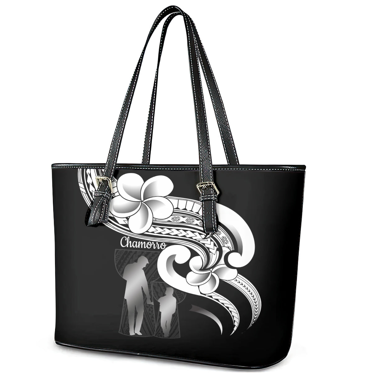 Guam Father's Day Leather Tote Bag Chamorro Latte Stone Polynesian Pattern