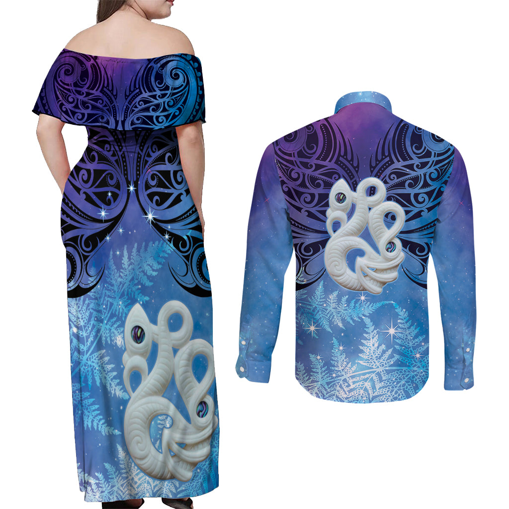 New Zealand Matariki Couples Matching Off Shoulder Maxi Dress and Long Sleeve Button Shirt Aotearoa Maori New Year Manaia Galaxy Vibes LT14 - Polynesian Pride