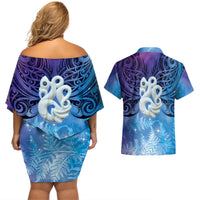 New Zealand Matariki Couples Matching Off Shoulder Short Dress and Hawaiian Shirt Aotearoa Maori New Year Manaia Galaxy Vibes LT14 - Polynesian Pride