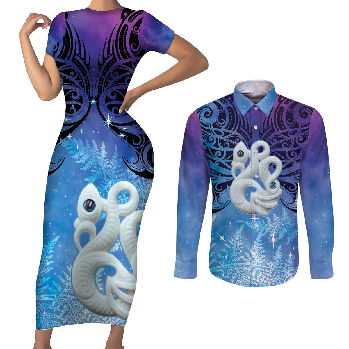 New Zealand Matariki Couples Matching Short Sleeve Bodycon Dress and Long Sleeve Button Shirt Aotearoa Maori New Year Manaia Galaxy Vibes LT14 Blue - Polynesian Pride