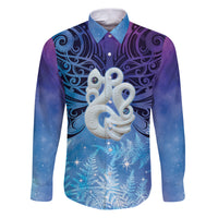 New Zealand Matariki Family Matching Puletasi and Hawaiian Shirt Aotearoa Maori New Year Manaia Galaxy Vibes LT14 Dad's Shirt - Long Sleeve Blue - Polynesian Pride