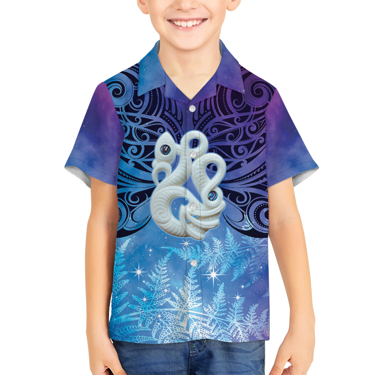 New Zealand Matariki Family Matching Puletasi and Hawaiian Shirt Aotearoa Maori New Year Manaia Galaxy Vibes LT14 Son's Shirt Blue - Polynesian Pride