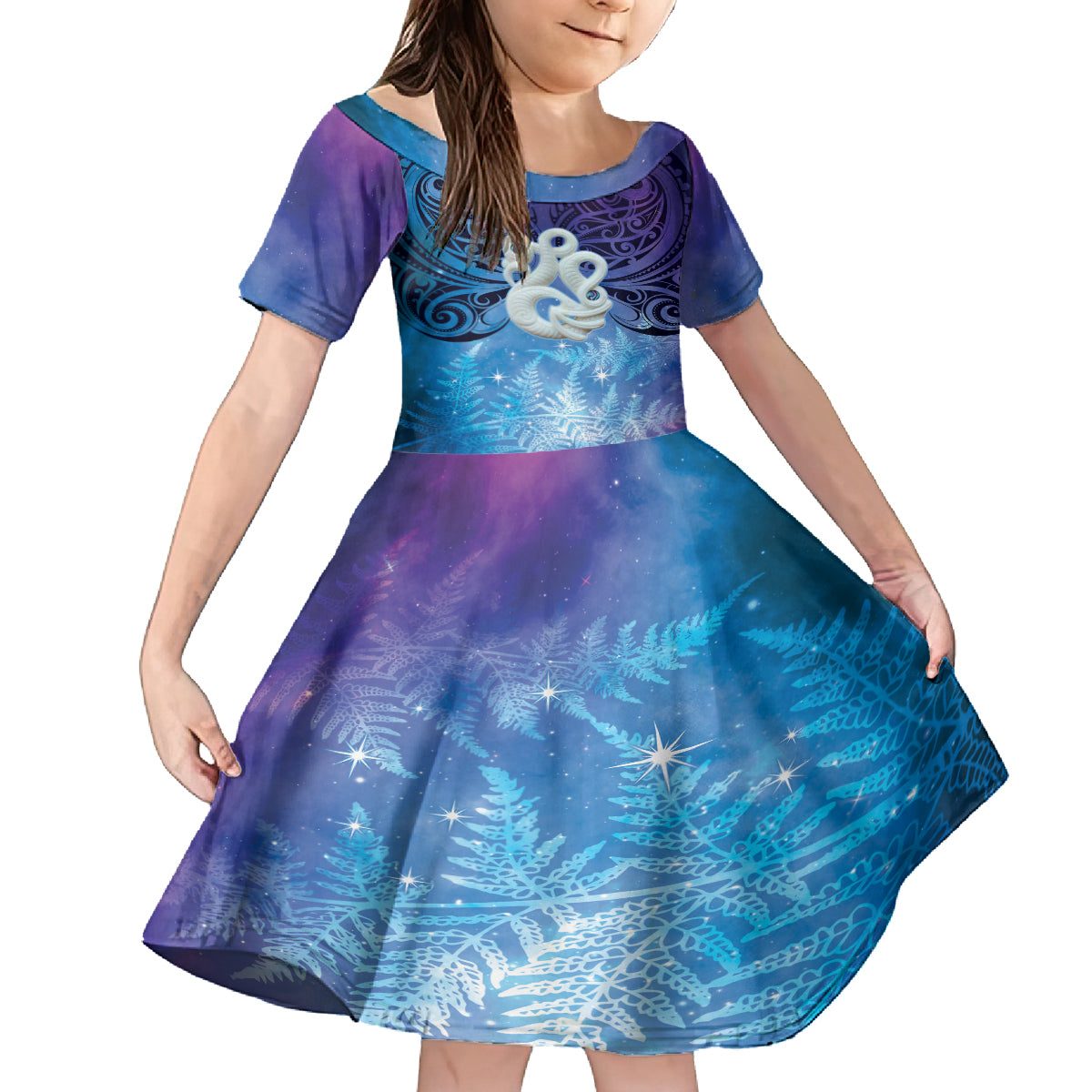 New Zealand Matariki Kid Short Sleeve Dress Aotearoa Maori New Year Manaia Galaxy Vibes LT14 KID Blue - Polynesian Pride