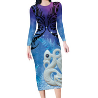 New Zealand Matariki Long Sleeve Bodycon Dress Aotearoa Maori New Year Manaia Galaxy Vibes LT14 Long Dress Blue - Polynesian Pride