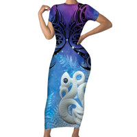 New Zealand Matariki Short Sleeve Bodycon Dress Aotearoa Maori New Year Manaia Galaxy Vibes LT14 Long Dress Blue - Polynesian Pride